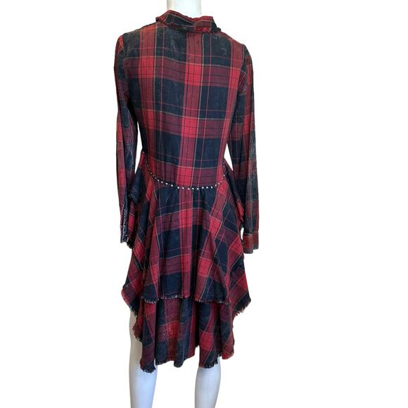 Zara Studded Distressed Circus Red Black Tartan Plaid Shirt Punk sz S NWT - Picture 2 of 13